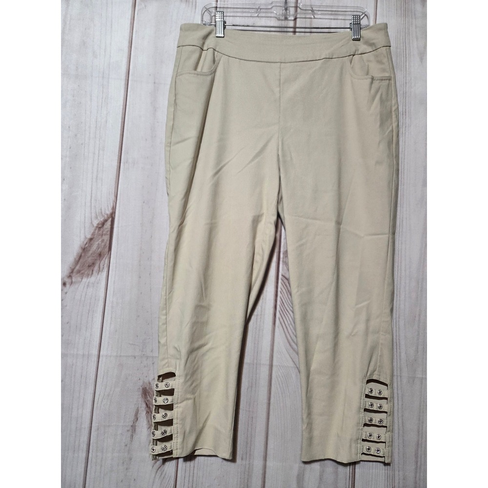 Lulu-B Womens Beige Rhinestone Studded Cutout‎ Hem Capri Pants Size 14 Stretch